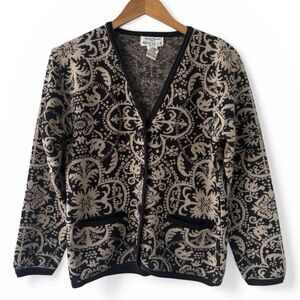 Vintage Rena Rowan for Saville Wool Blend Tapestry Knit Cardigan Sweater PETITE